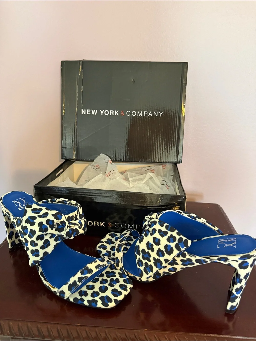 New York & Company Blue and White Leopard Print Slip-On Heels